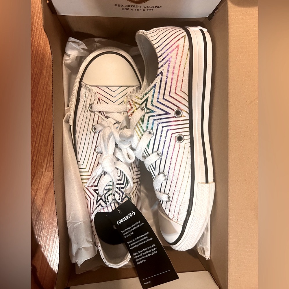 Juniors size 3 converse shoes white with metallic rainbow stars